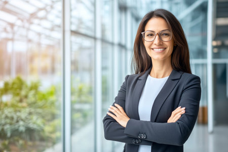 Confident Businesswoman Smiling with Success, Arms Crossed, Against a Modern Office Backgroundの素材