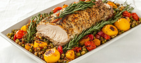 Chicken Delight Roasted Chicken, Accompanied by Grilled Tomatoes and Marinated Grains,. Delicious.の素材