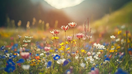 Colorful Wildflower Meadow Under a Bright Summer Sun, Creating a Peaceful and Serene Landscapeの素材