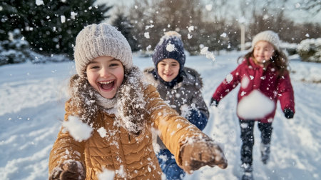 Joyful Winter Holiday Fun Children Having a Snowball Fight in a Beautiful Snowy Landscapeの素材