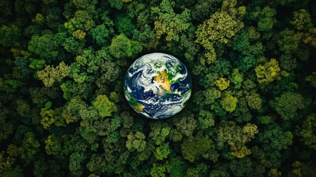 Aerial view of a green forest surrounding a globe, symbolizing global environmental care.の素材