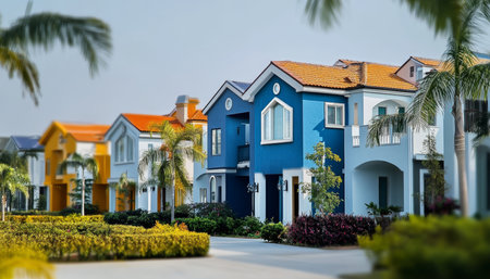 Colorful Pastel Houses in a Modern Neighborhood Showcasing Unique Architectural Designs and Charmの素材