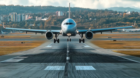 Airplane on Runway Accelerating for Takeoff with Urban City Background and Clear Blue Sky Aboveの素材