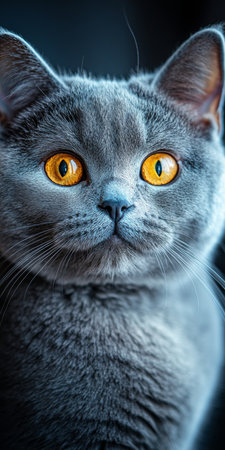 Charming Gray Fur Cat Face with Affectionate Eyes and Soft Features Close-up Portrait of Serenityの素材