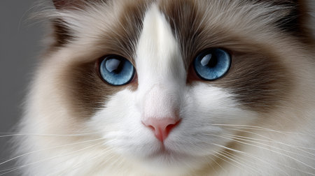 Close Up Portrait of a Beautiful Ragdoll Cat with Expressive Blue Eyes on a Soft Gray Backgroundの素材