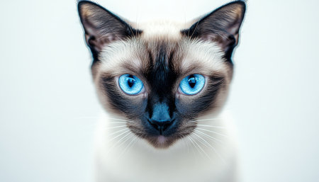 Stunning Balinese Cat with Striking Blue Eyes and Unique Facial Markings Against a White Backgroundの素材