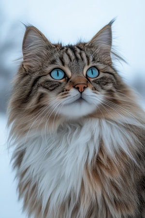 Beautiful Mixed Breed Cat with Striking Blue Eyes Posed Elegantly Against a Bright Backgroundの素材