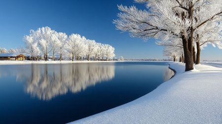 Breathtaking Winter Scene Snow-Covered Trees Mirrored in a Crystal Clear Blue Lake Under Bright Sunの素材