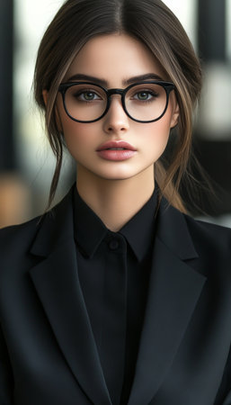 Young entrepreneur confidently waiting for the next assignment in a modern corporate office setting.の素材