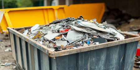 Large Construction Dumpster Filled with Debris from Building Demolition and Deconstruction Projectの素材