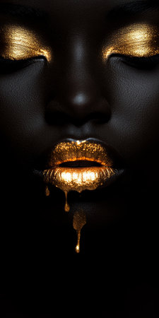 Stunning Portrait of a Woman with Gold Paint Dripping from Lips in Artistic Beauty Makeup Styleの素材