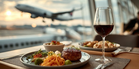 Exquisite Fine Dining Experience in Luxury Airport Lounge with Gourmet Dishes and Scenic Viewsの素材