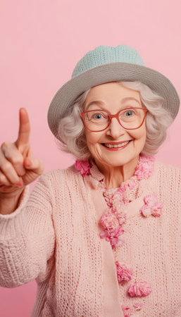 Joyful Senior Woman in a Whimsical Hat Shares Positive Advice Against a Lively Pink Backgroundの素材