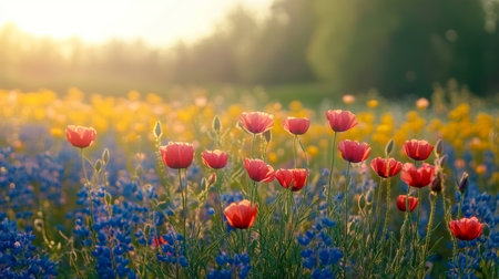 Vibrant Floral Tapestry A Sun-Kissed Meadow Filled with Colorful Poppies and Delphiniums in Bloomの素材