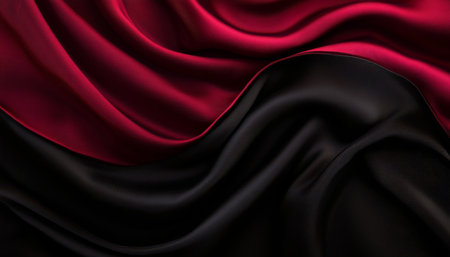Luxurious crimson and dark black velvet fabric with artistic drapes creating an elegant textureの素材