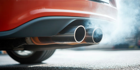 Orange Car Exhaust Pipes Emitting Thick Smoke Plumes, Highlighting Environmental Impact and Concernsの素材