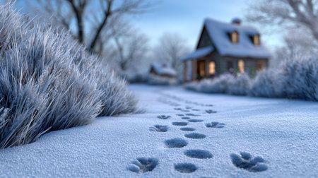 Serene Winter Wonderland Cozy Cabin Amidst Snow-Covered Pines, Animal Tracks Through the Forestの素材