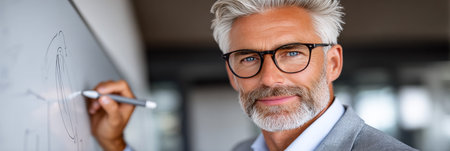 Businessman Brainstorming Innovative Strategies with Advanced AI Technologies in Modern Officeの素材