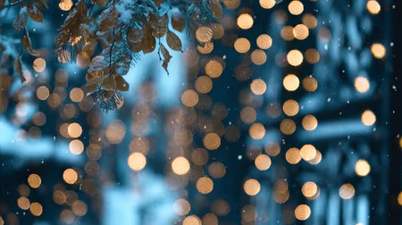 Winter night bokeh scene with soft golden lights, ideal for festive holiday celebrations.の素材