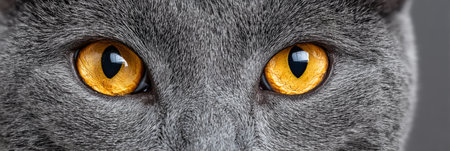 Close-Up of a Majestic Chartreux Cat with Stunning Amber Eyes and Luxurious Gray Fur in Studio Lightの素材
