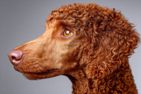 Intelligent Poodle with Piercing Gaze Sitting Elegantly Against a Simple Solid Background, Portraitの素材