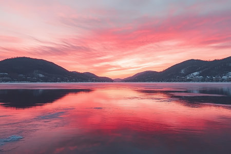 Beautiful Winter Landscape with a Frozen Lake and Snow-Covered Mountains Under a Colorful Sunsetの素材