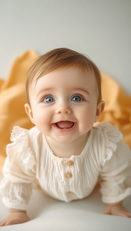 Adorable Infant Smiling Upward, Radiating Joy and Innocence with Playful Expressions and Laughterの素材