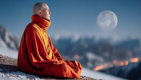 Serene Meditating Monk Under the Enchanting Moonlight, Embracing Peace and Spiritual Mindfulnessの素材