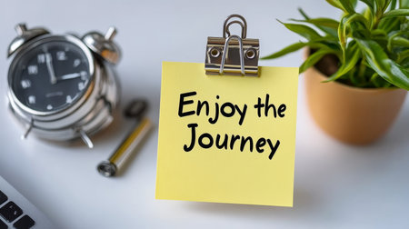 Inspirational Enjoy The Journey Card With Vintage Alarm Clock. Motivational, Positive Reminder, Goodの素材