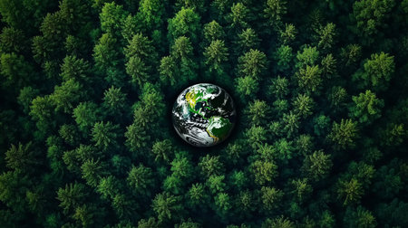 Vibrant Green Forest Scene with Eye-Level Perspective, Featuring a Delicate Planet Design Elementの素材