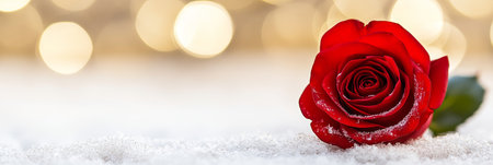 Red rose in fresh snow, adorned with shimmering snowflakes and illuminated by soft bokeh lights.の素材