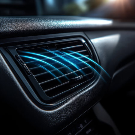 Car Dashboard Airflow Vent Emitting Cool Blue Light in Dark Cockpit Interior with Air Conditioningの素材