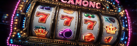 Brightly Lit Casino Slot Machine Displaying Triple Sevens Jackpot Winning Combination for Gamblersの素材