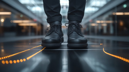 A determined executive walking through a stylish corridor, focused on the path to career success.の素材