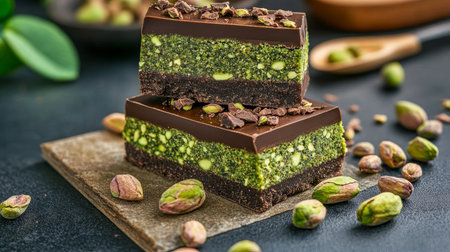 Decadent Stacked Chocolate Pistachio Bars with Layers of Rich Chocolate and Creamy Pistachio Spreadの素材
