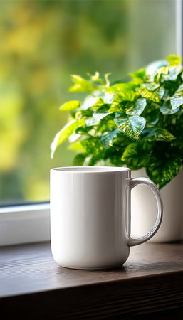 Morning Serenity on Wooden Windowsill White Mug Next to Green Plant Reflecting Calm and Fresh Startの素材