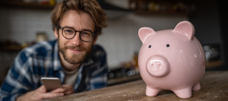 Person Smiling at Phone While Sitting Next to Piggy Bank for Financial Planning and Investmentの素材