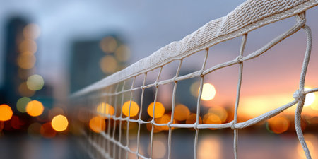 Dynamic Volleyball Challenge at Sunset Exciting Match Against a Stunning Cityscape Backgroundの素材