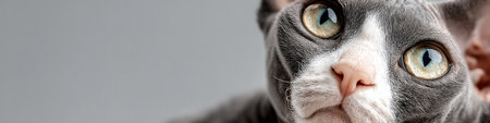 Charming Portrait of a Devon Rex Cat with Expressive Eyes and Beautiful Gray Fur, Captivating Lookの素材