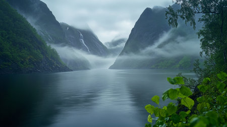 Misty Majesty Stunning Scandinavian Fjord with Lush Forest and Reflective Waters on Cloudy Dayの素材