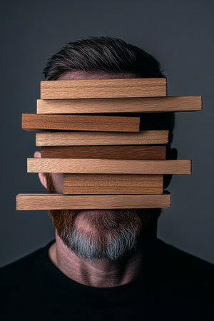 Conceptual Portrait of a Bearded Man with Distorted Vision Obscured by Wooden Planks and Artistryの素材