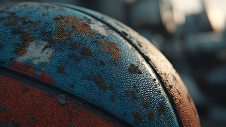 Close-Up of Weathered Basketball Surface Showcasing Textures and Colors of Athletic Memoriesの素材