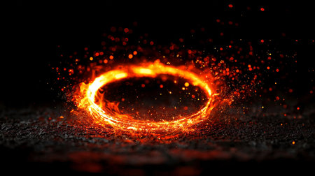 Dramatic fiery vortex circle swirling motion energy on dark stage, a mystical portal of orange glowの素材