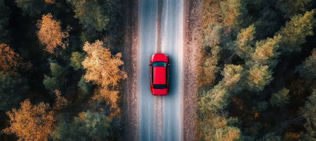 Serene Journey Crimson Sports Car Driving on Countryside Road Beneath Lush Forest Canopyの素材