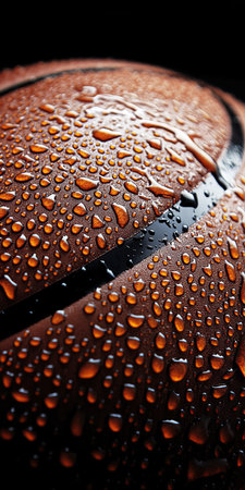 Dramatic Macro Shot of a Wet Orange and Black Basketball with Unique Texture and Curvesの素材
