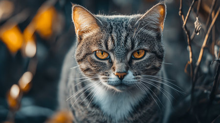 Charming Close-Up of a Striking Tabby Cat with Intense Green Eyes and Beautiful Gray Fur Outdoorsの素材