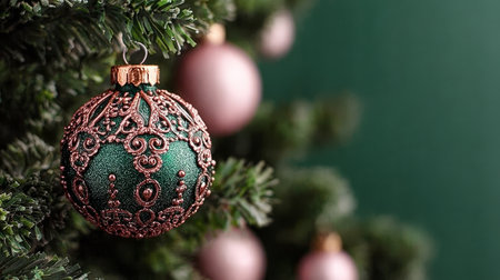 Beautifully Frosted Christmas Tree Decorated with Green Copper Baubles and Sparkling Ornamentsの素材