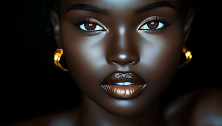 Elegant And Youthful Black Beauty A Stunning Close-Up Portrait Capturing Dark Skin And Gold Jewelryの素材