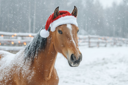 Charming Brown Horse in Santa Hat Surrounded by Christmas Lights and Snowy Winter Wonderland Sceneの素材