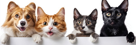 Charming Group of Four Adorable Pets A Playful Dog and Three Cute Cats Posing Together Happilyの素材